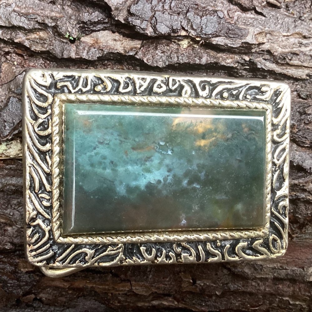 Vintage Beautiful Blue/Green/Gray Stone Inlay Metal Belt Buckle